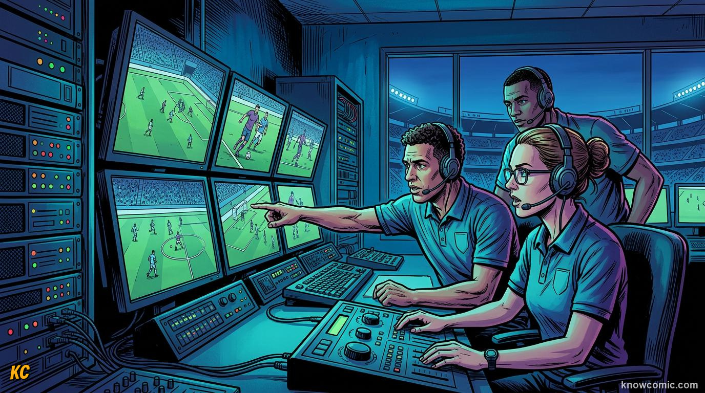 Comic panel titled var eyes in the sky, labelled video review, from the KnowComic World Cup 2026 lesson on the referee team