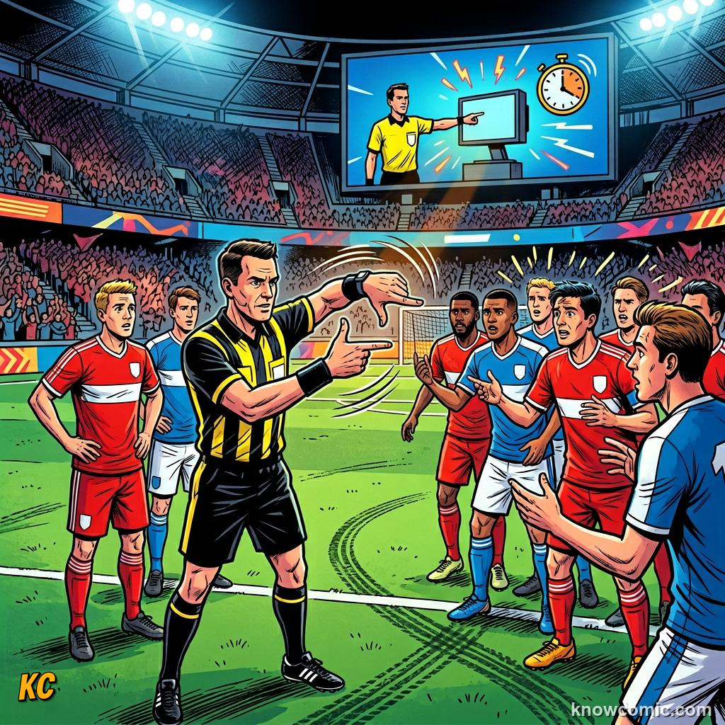 Comic panel titled everyone has a job, labelled goals, from the KnowComic World Cup 2026 lesson on the referee team