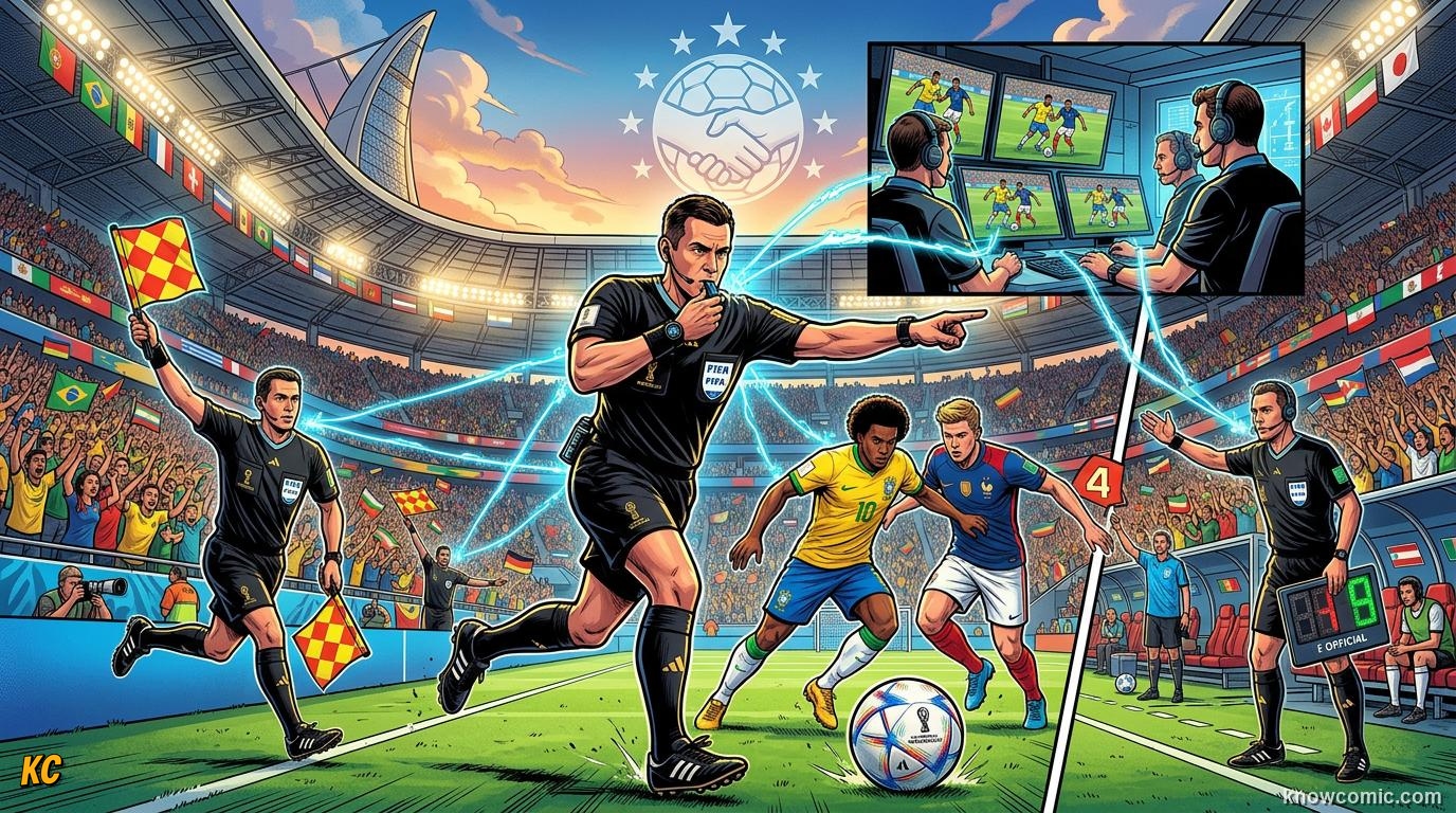 Comic panel titled everyone has a job, labelled teamwork, from the KnowComic World Cup 2026 lesson on the referee team