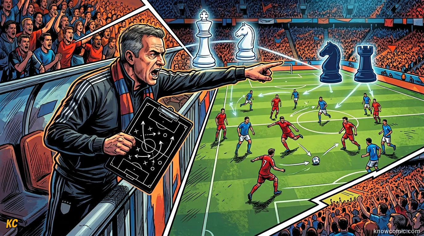 Comic panel titled building the world cup squad, labelled the big call, from the KnowComic World Cup 2026 lesson on coaches: the masterminds