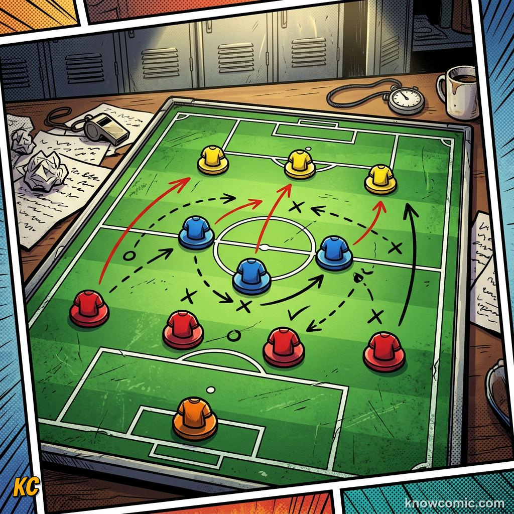 Comic panel titled formation and style, labelled trust, from the KnowComic World Cup 2026 lesson on coaches: the masterminds