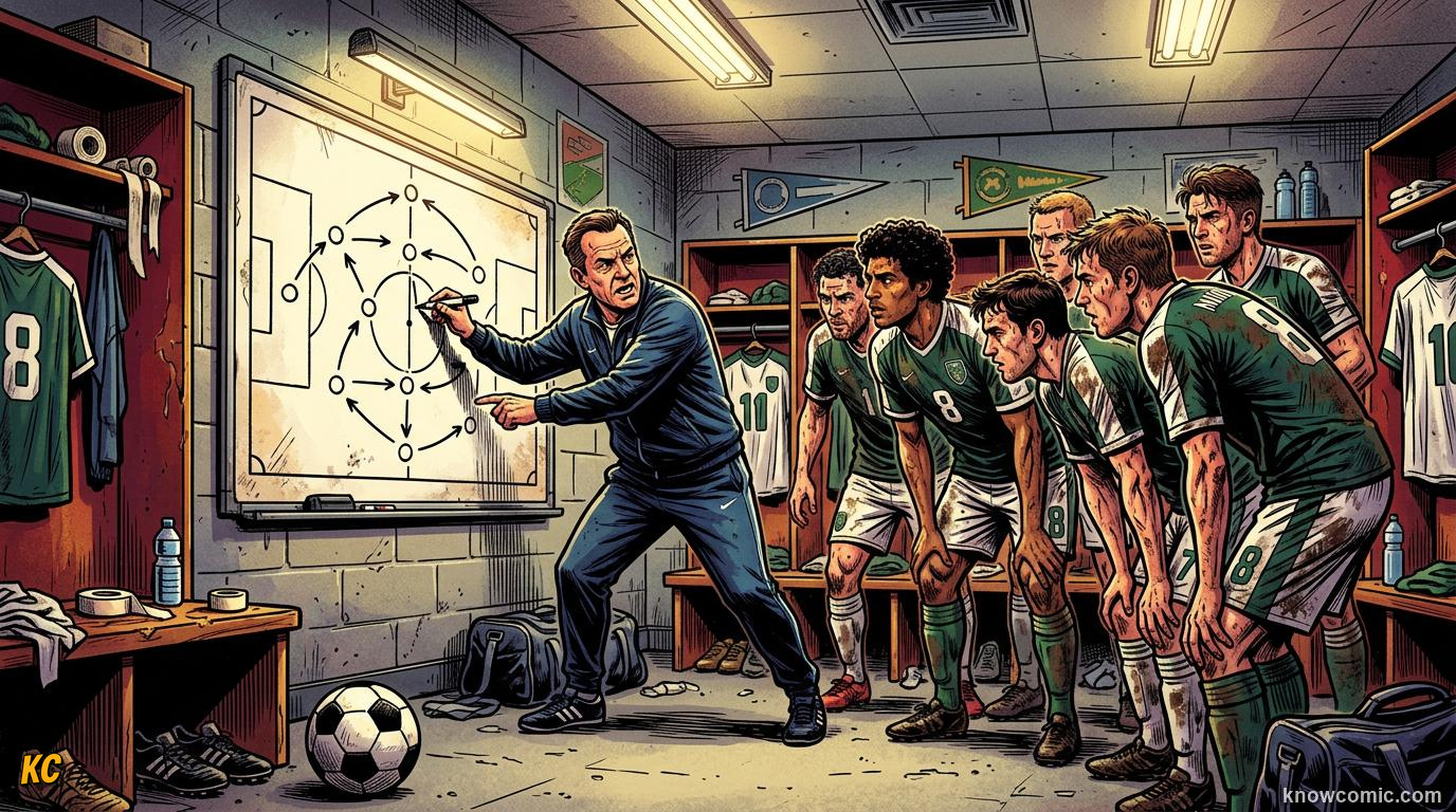 Comic panel titled changing the game at the break, labelled halftime talk, from the KnowComic World Cup 2026 lesson on coaches: the masterminds