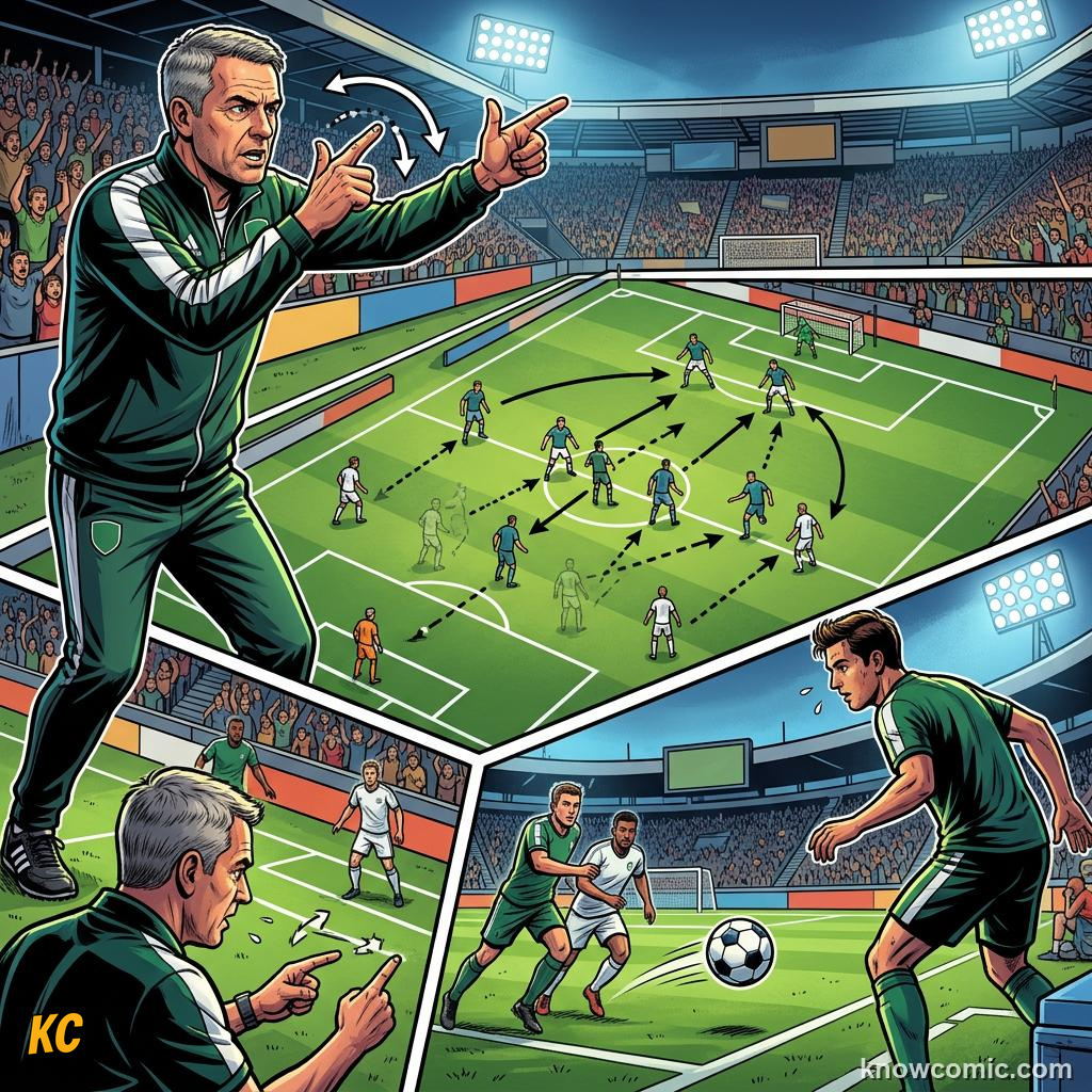 Comic panel titled changing the game at the break, labelled locker room, from the KnowComic World Cup 2026 lesson on coaches: the masterminds