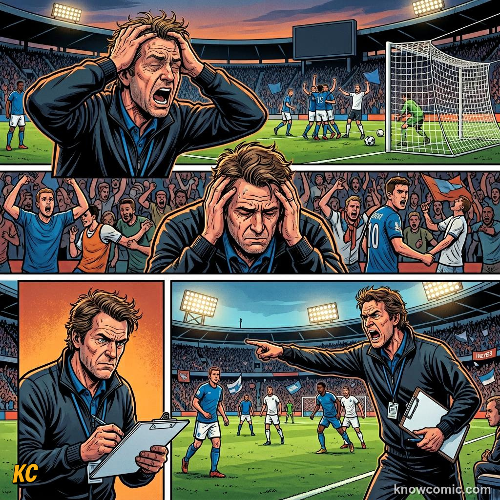 Comic panel titled changing the game at the break, labelled tweaks, from the KnowComic World Cup 2026 lesson on coaches: the masterminds