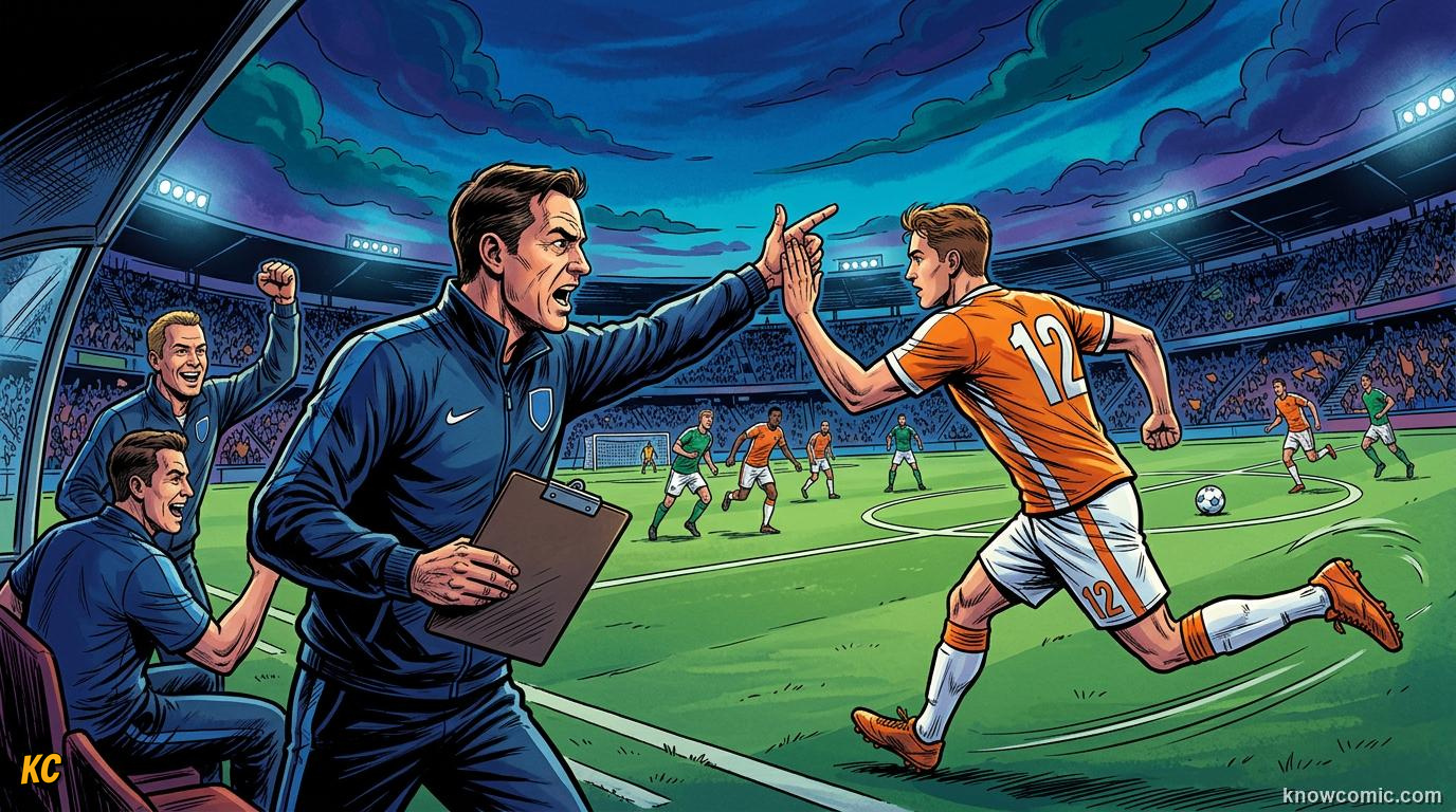 Comic panel titled one sub to win it all, labelled game changer, from the KnowComic World Cup 2026 lesson on coaches: the masterminds