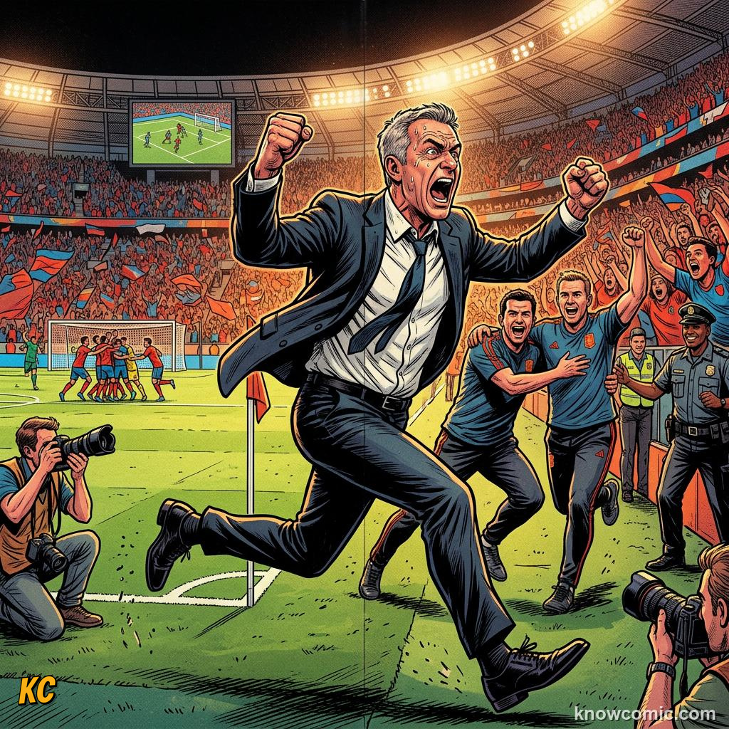 Comic panel titled coaches write history, labelled timing, from the KnowComic World Cup 2026 lesson on coaches: the masterminds