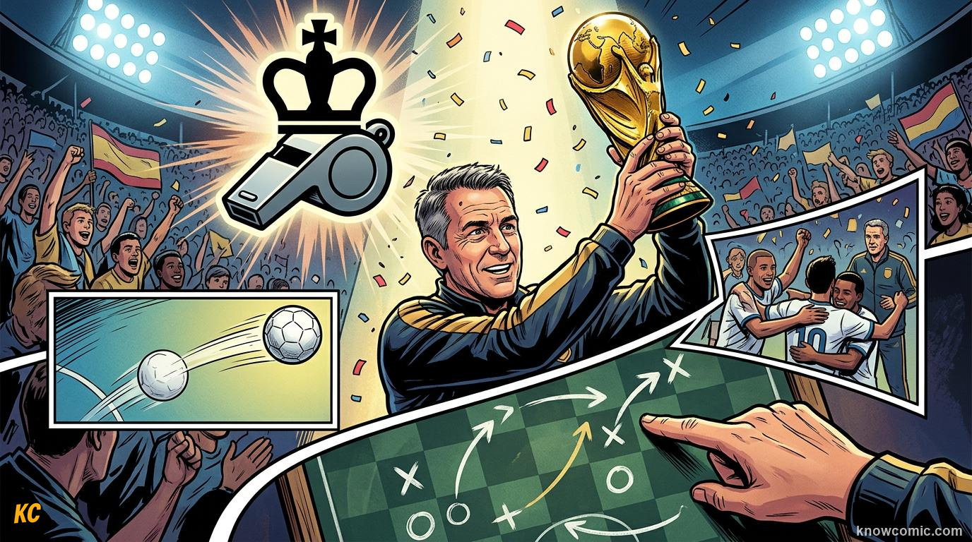 Comic panel titled coaches write history, labelled world cup legacy, from the KnowComic World Cup 2026 lesson on coaches: the masterminds