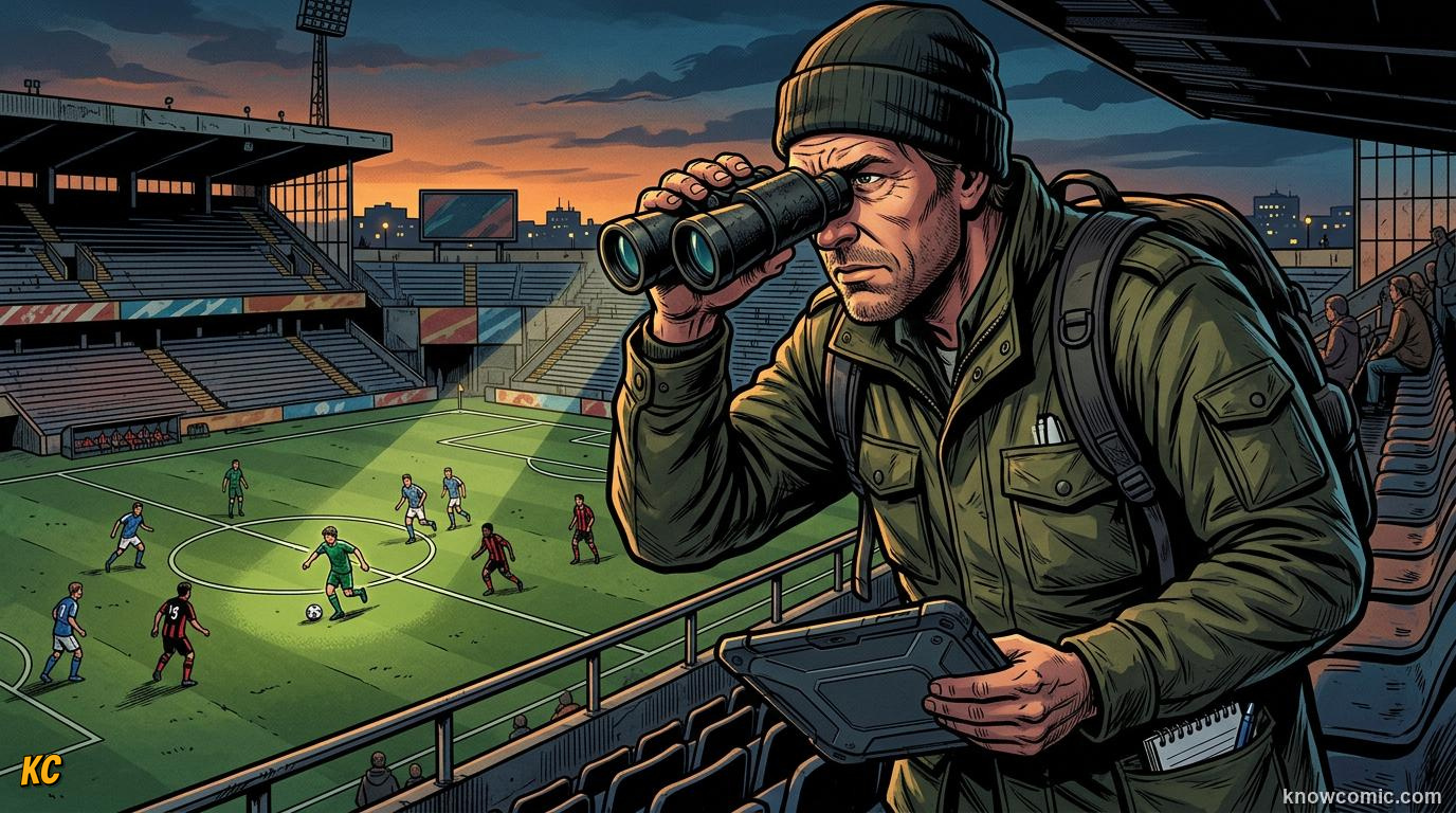 Comic panel titled who are the scouts, labelled behind the scenes, from the KnowComic World Cup 2026 lesson on scouts & analysts