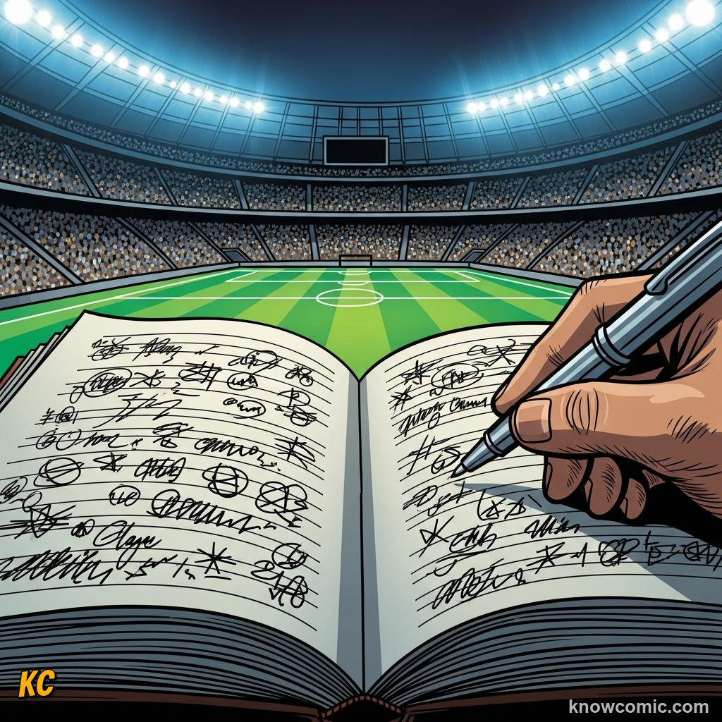 Comic panel titled breaking down the opponent, labelled scouts, from the KnowComic World Cup 2026 lesson on scouts & analysts
