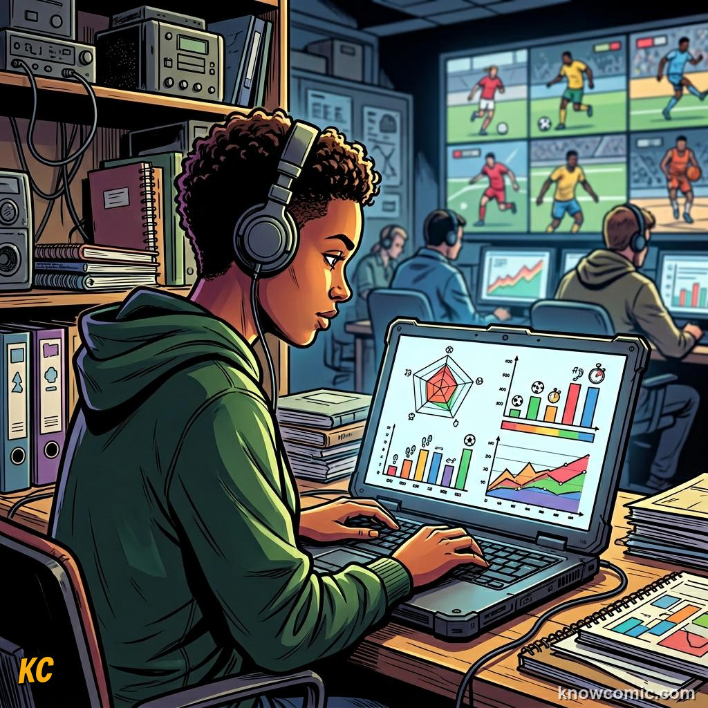 Comic panel titled breaking down the opponent, labelled analysts, from the KnowComic World Cup 2026 lesson on scouts & analysts