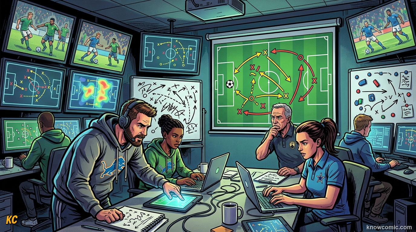 Comic panel titled breaking down the opponent, labelled film room, from the KnowComic World Cup 2026 lesson on scouts & analysts