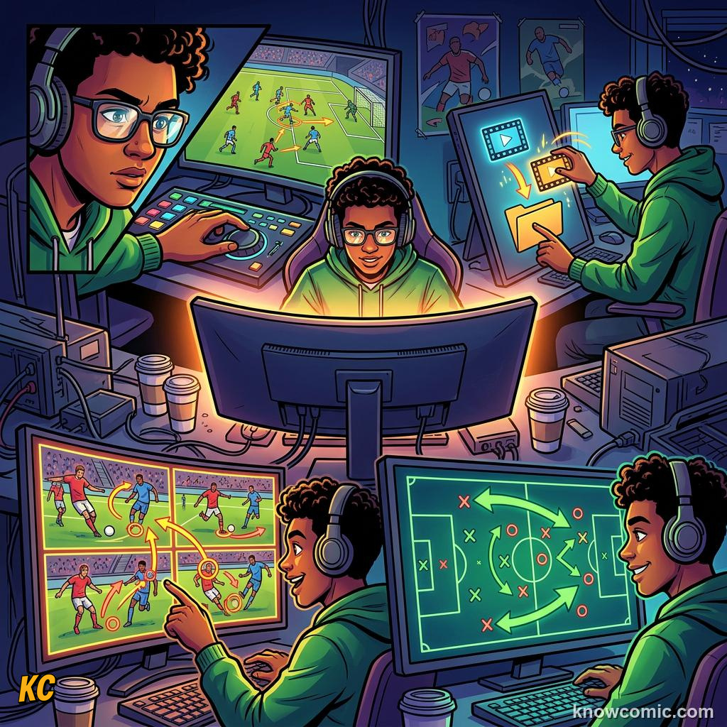Comic panel titled how scouts spot a crack, labelled clips, from the KnowComic World Cup 2026 lesson on scouts & analysts