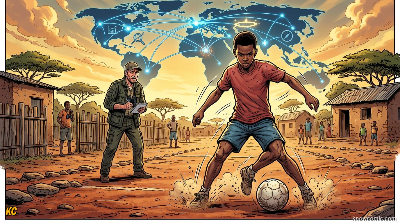 Comic panel titled how scouts spot a crack, labelled the secret edge, from the KnowComic World Cup 2026 lesson on scouts & analysts