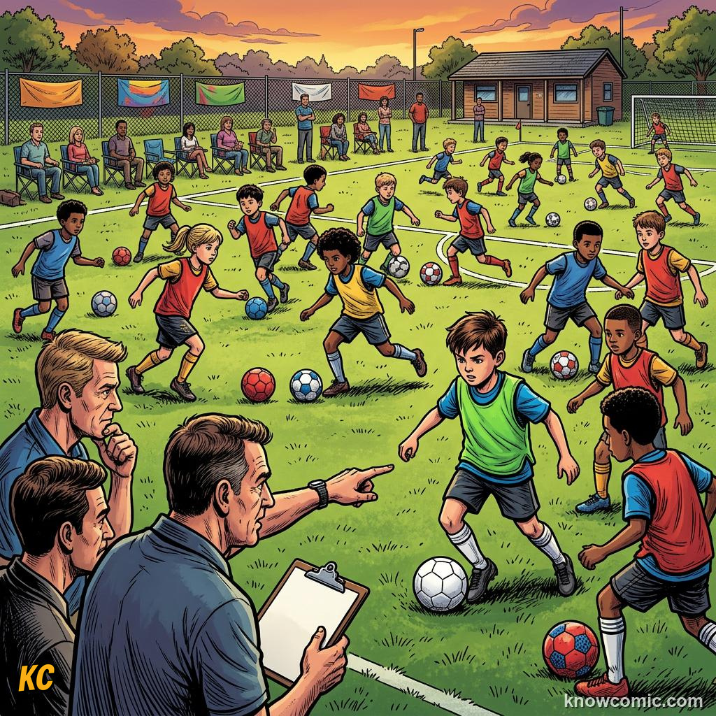 Comic panel titled how scouts spot a crack, labelled patterns, from the KnowComic World Cup 2026 lesson on scouts & analysts