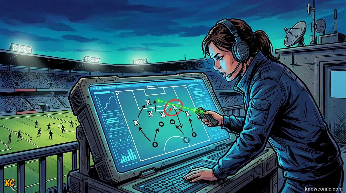 Comic panel titled youth scouting at the world cup, labelled tomorrow's heroes, from the KnowComic World Cup 2026 lesson on scouts & analysts