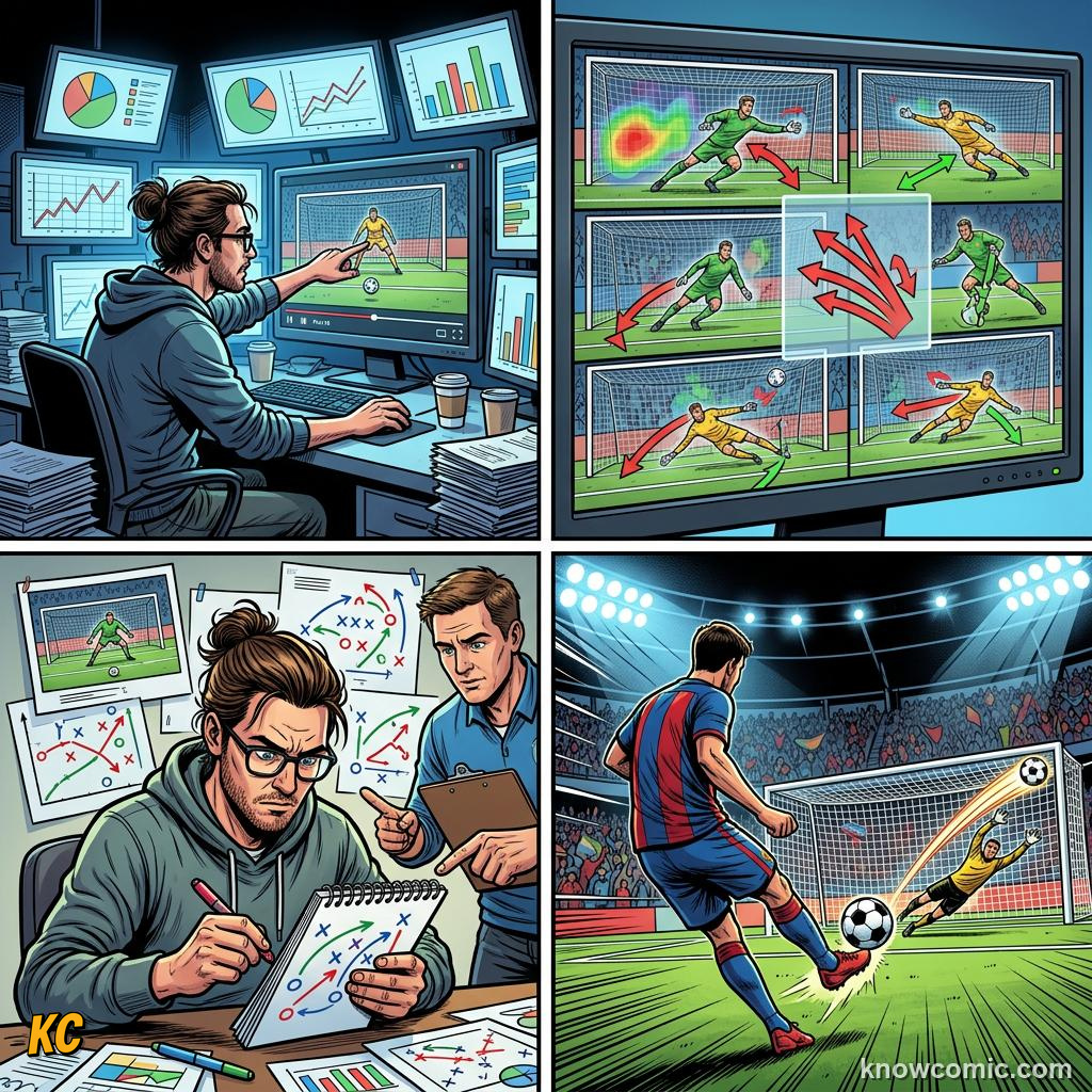 Comic panel titled scouts shape the tournament, labelled eye test, from the KnowComic World Cup 2026 lesson on scouts & analysts