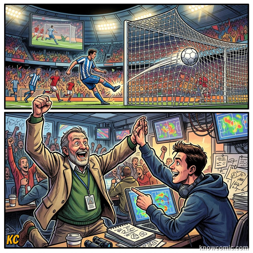 Comic panel titled scouts shape the tournament, labelled world stage, from the KnowComic World Cup 2026 lesson on scouts & analysts