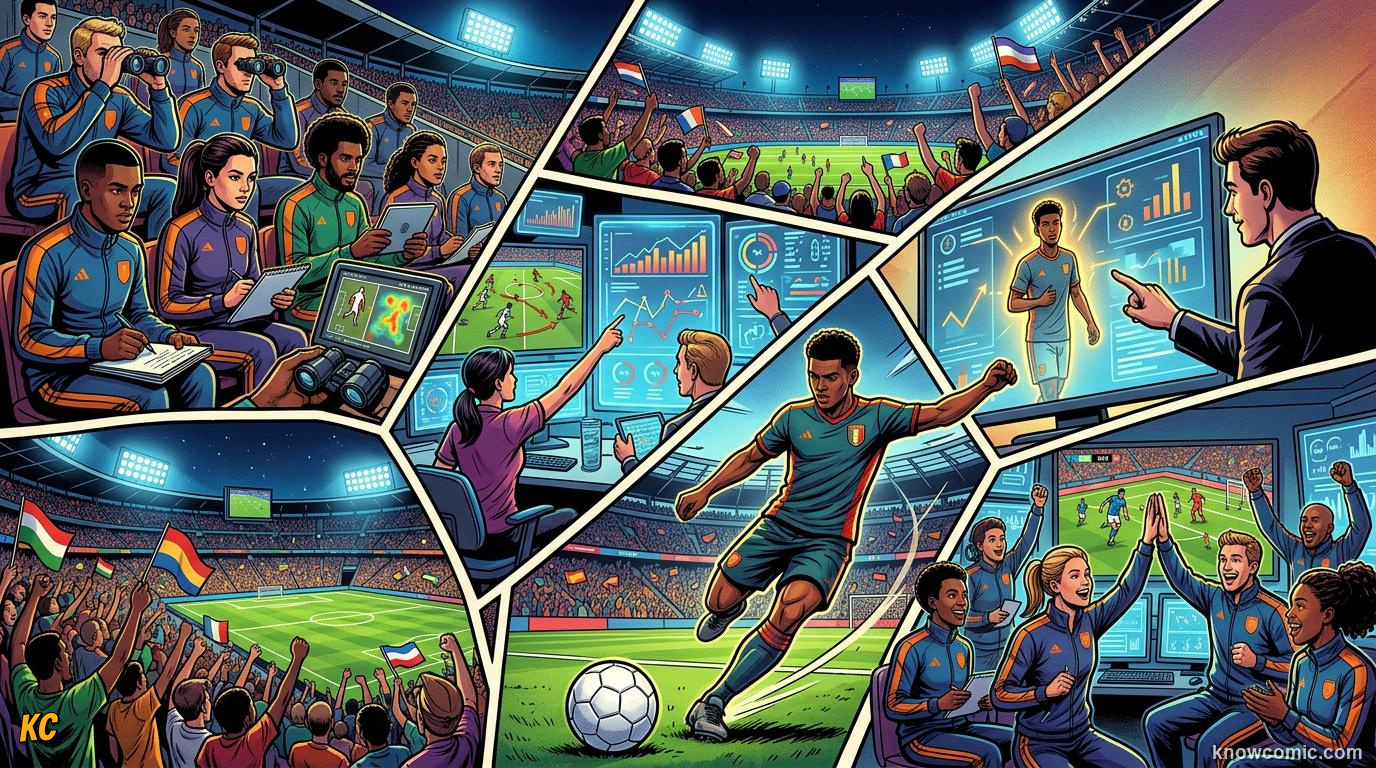 Comic panel titled scouts shape the tournament, labelled winning with info, from the KnowComic World Cup 2026 lesson on scouts & analysts