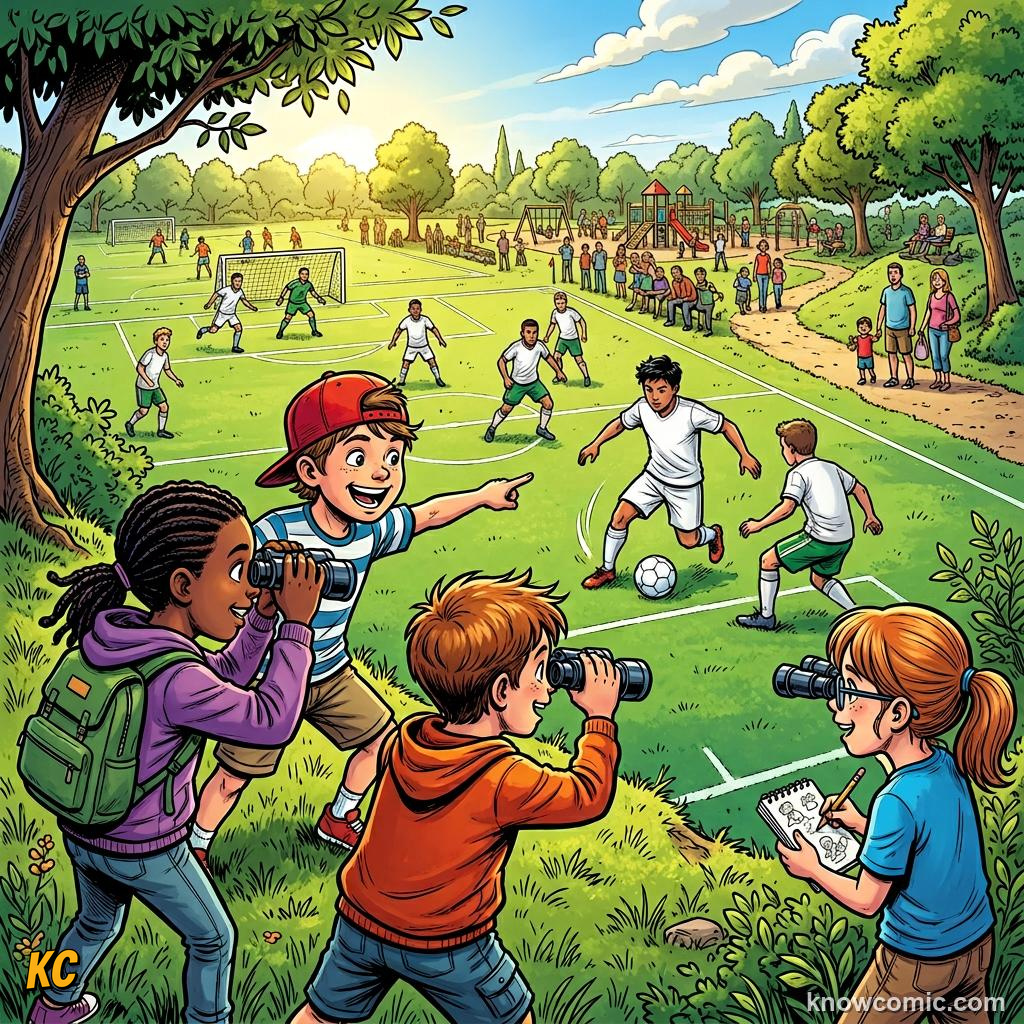 Comic panel labelled briefing, illustrating scouts & analysts in KnowComic's World Cup 2026 series