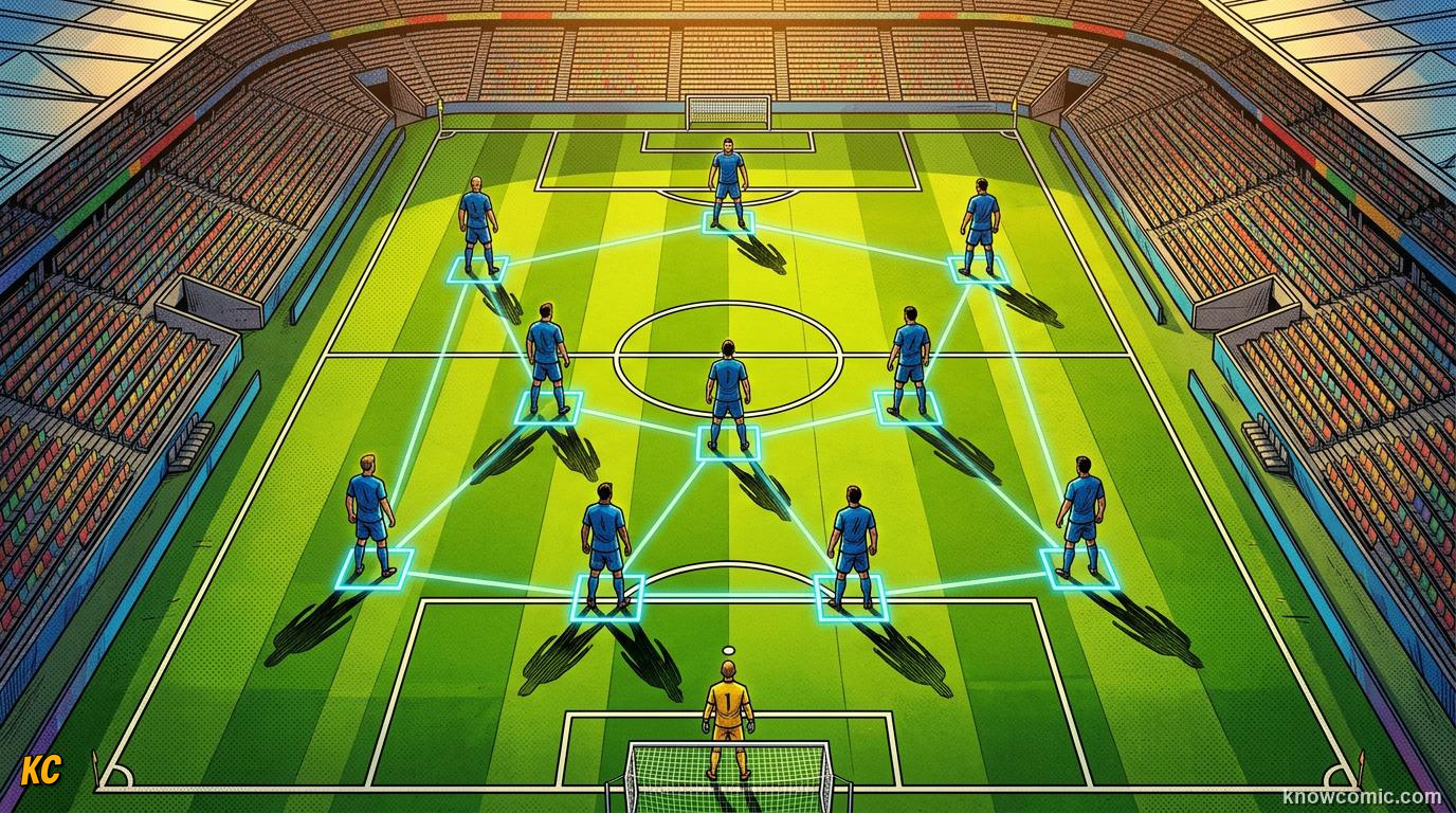 Comic panel titled what do the numbers mean, labelled the number code, from the KnowComic World Cup 2026 lesson on formations: 4-3-3 decoded