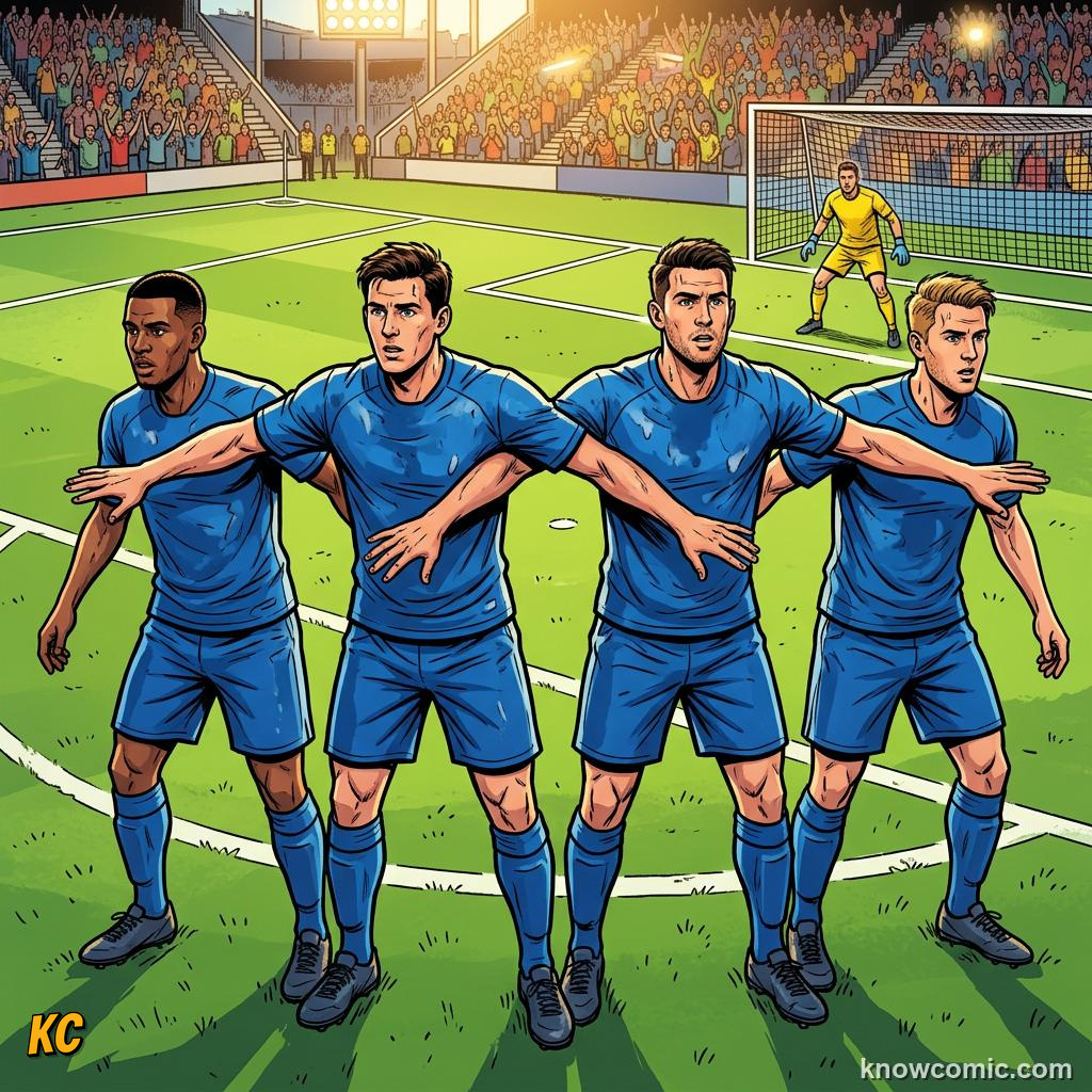 Comic panel titled why teams love 4-3-3, labelled back line, from the KnowComic World Cup 2026 lesson on formations: 4-3-3 decoded