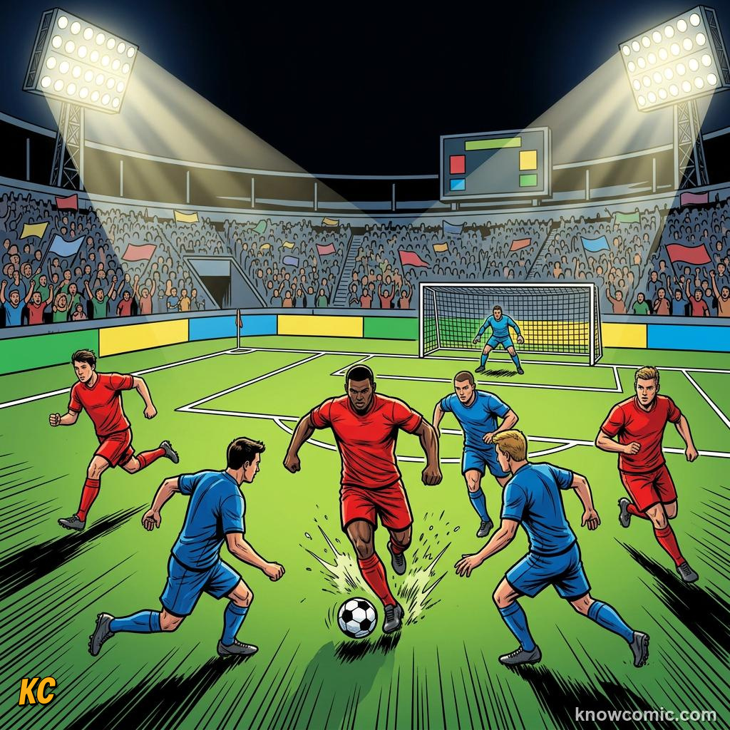 Comic panel titled why teams love 4-3-3, labelled front line, from the KnowComic World Cup 2026 lesson on formations: 4-3-3 decoded