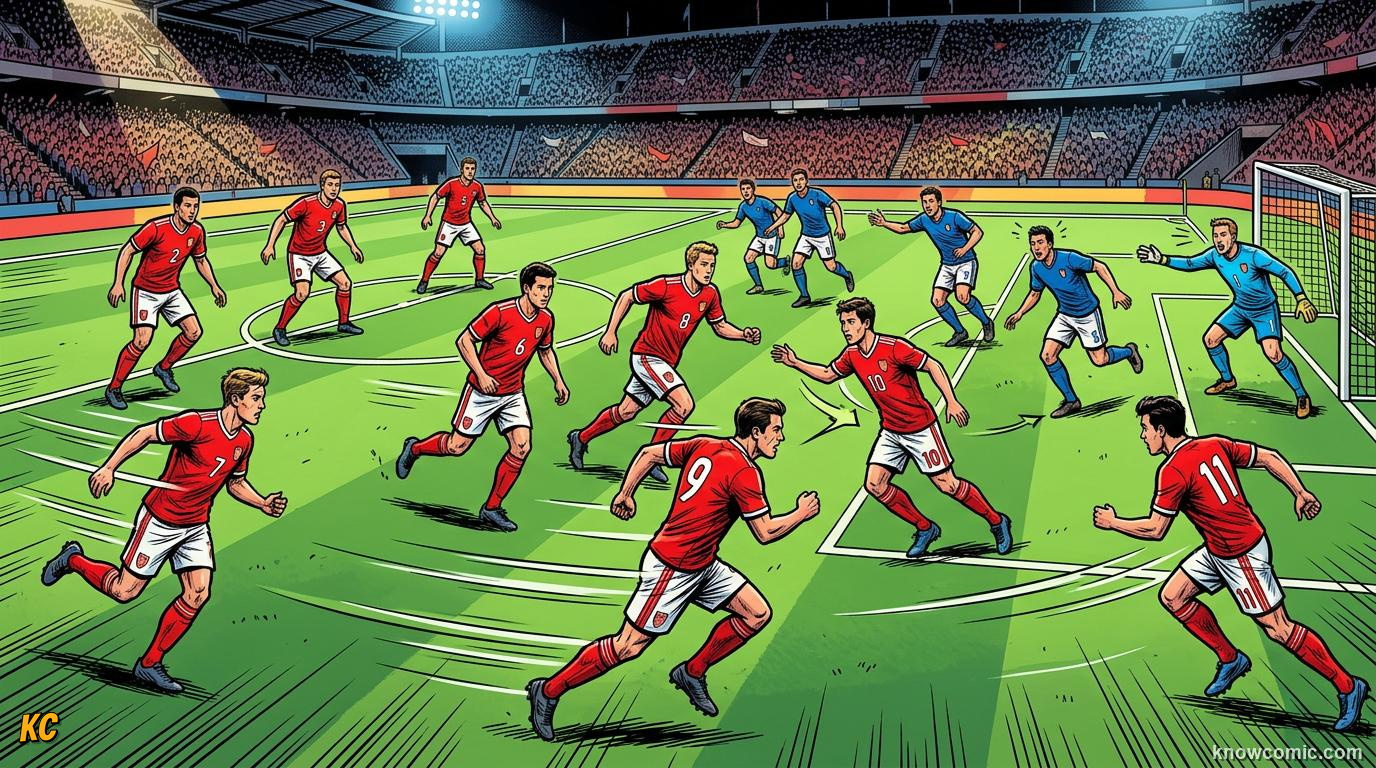 Comic panel titled why teams love 4-3-3, labelled wide and brave, from the KnowComic World Cup 2026 lesson on formations: 4-3-3 decoded