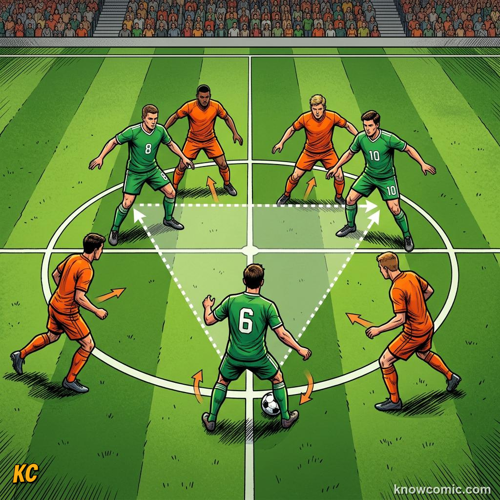Comic panel titled the trusty 4-4-2, labelled midfield 3, from the KnowComic World Cup 2026 lesson on formations: 4-3-3 decoded