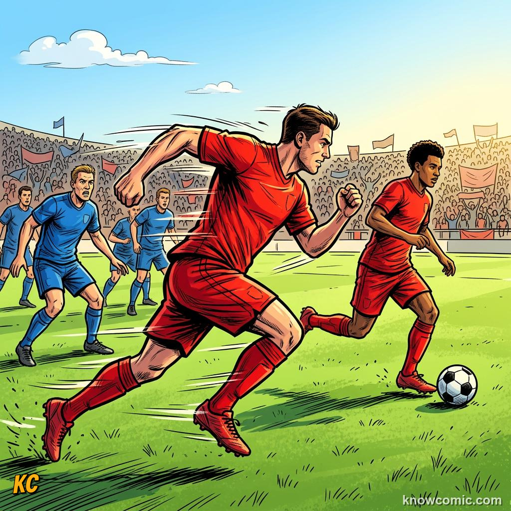 Comic panel titled the trusty 4-4-2, labelled fullbacks, from the KnowComic World Cup 2026 lesson on formations: 4-3-3 decoded