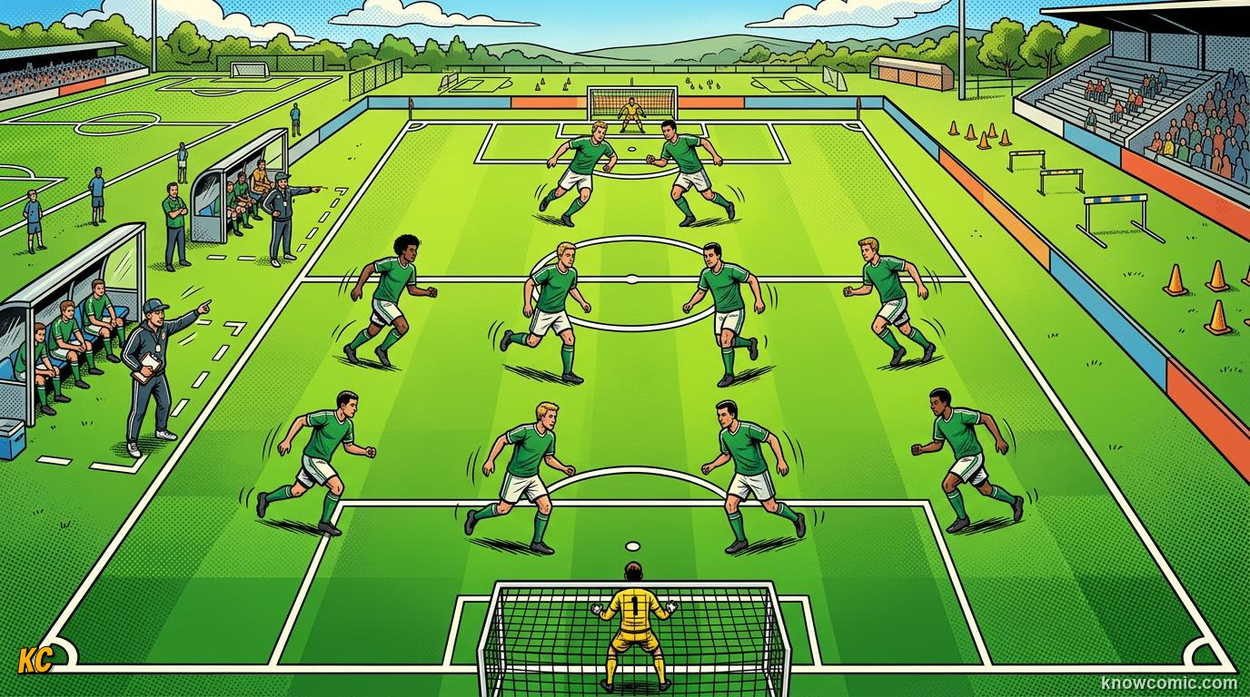 Comic panel titled the trusty 4-4-2, labelled old faithful, from the KnowComic World Cup 2026 lesson on formations: 4-3-3 decoded