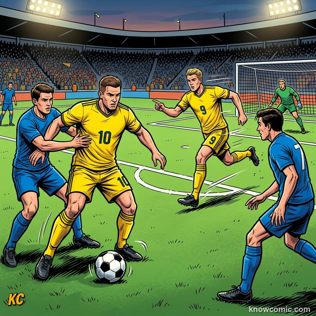 Comic panel titled the trusty 4-4-2, labelled two strikers, from the KnowComic World Cup 2026 lesson on formations: 4-3-3 decoded