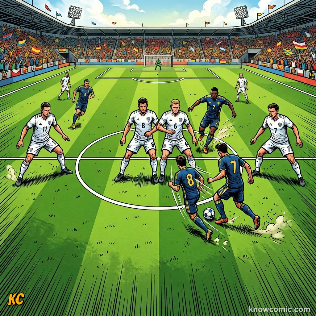 Comic panel titled the trusty 4-4-2, labelled flat four, from the KnowComic World Cup 2026 lesson on formations: 4-3-3 decoded