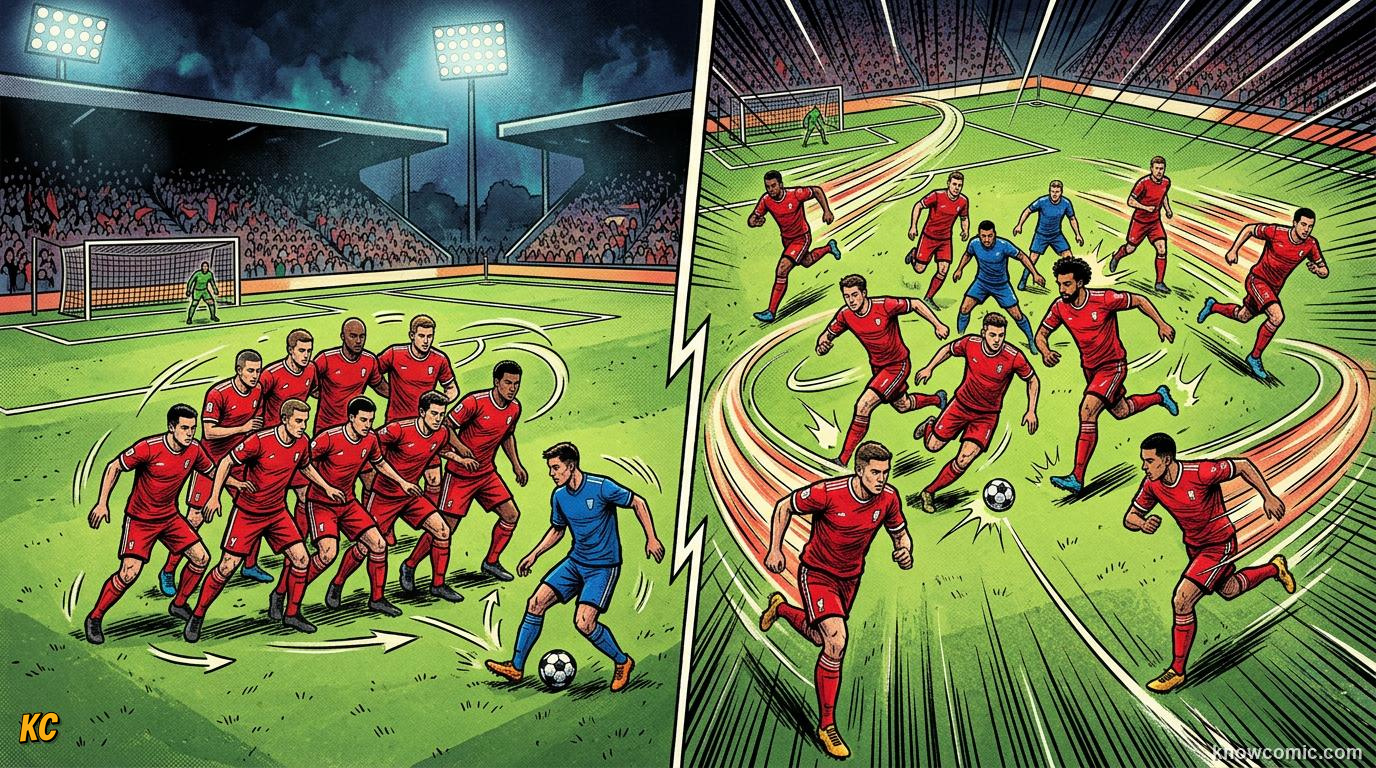 Comic panel titled formations are not frozen, labelled living battle plan, from the KnowComic World Cup 2026 lesson on formations: 4-3-3 decoded