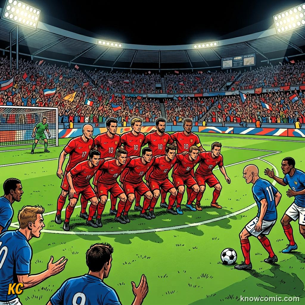Comic panel titled spot formations on tv, labelled low block, from the KnowComic World Cup 2026 lesson on formations: 4-3-3 decoded