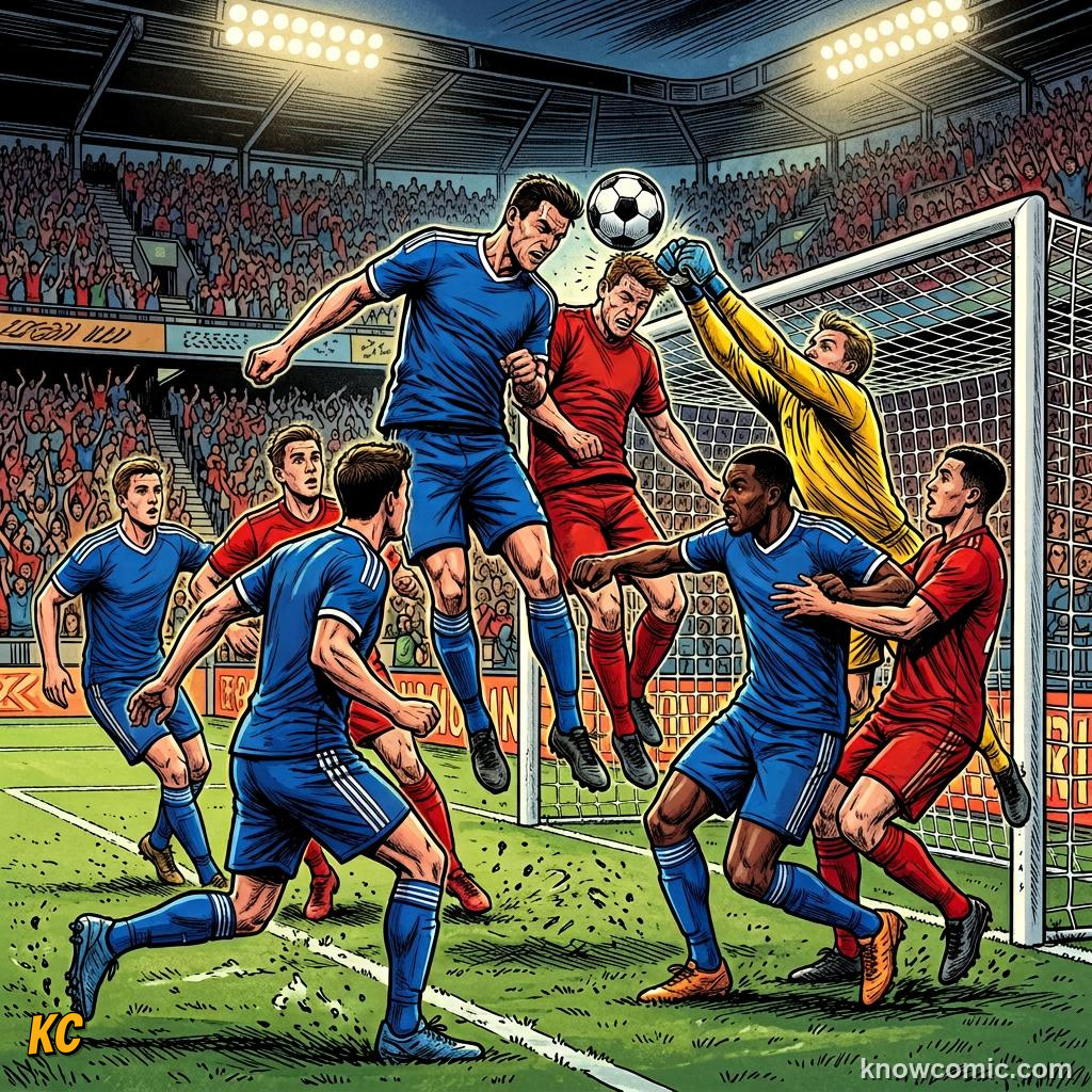 Comic panel titled spot formations on tv, labelled overload, from the KnowComic World Cup 2026 lesson on formations: 4-3-3 decoded
