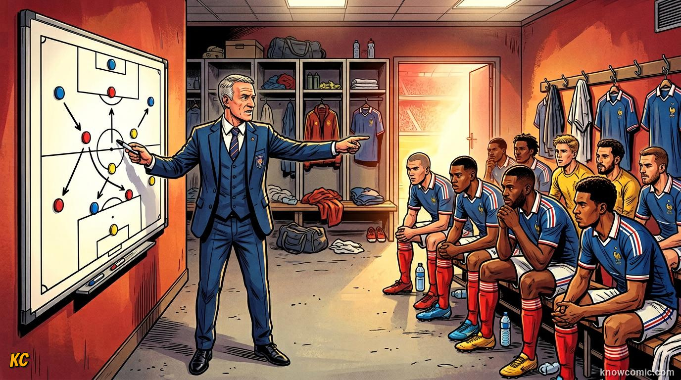 Comic panel titled spot formations on tv, labelled read the game, from the KnowComic World Cup 2026 lesson on formations: 4-3-3 decoded