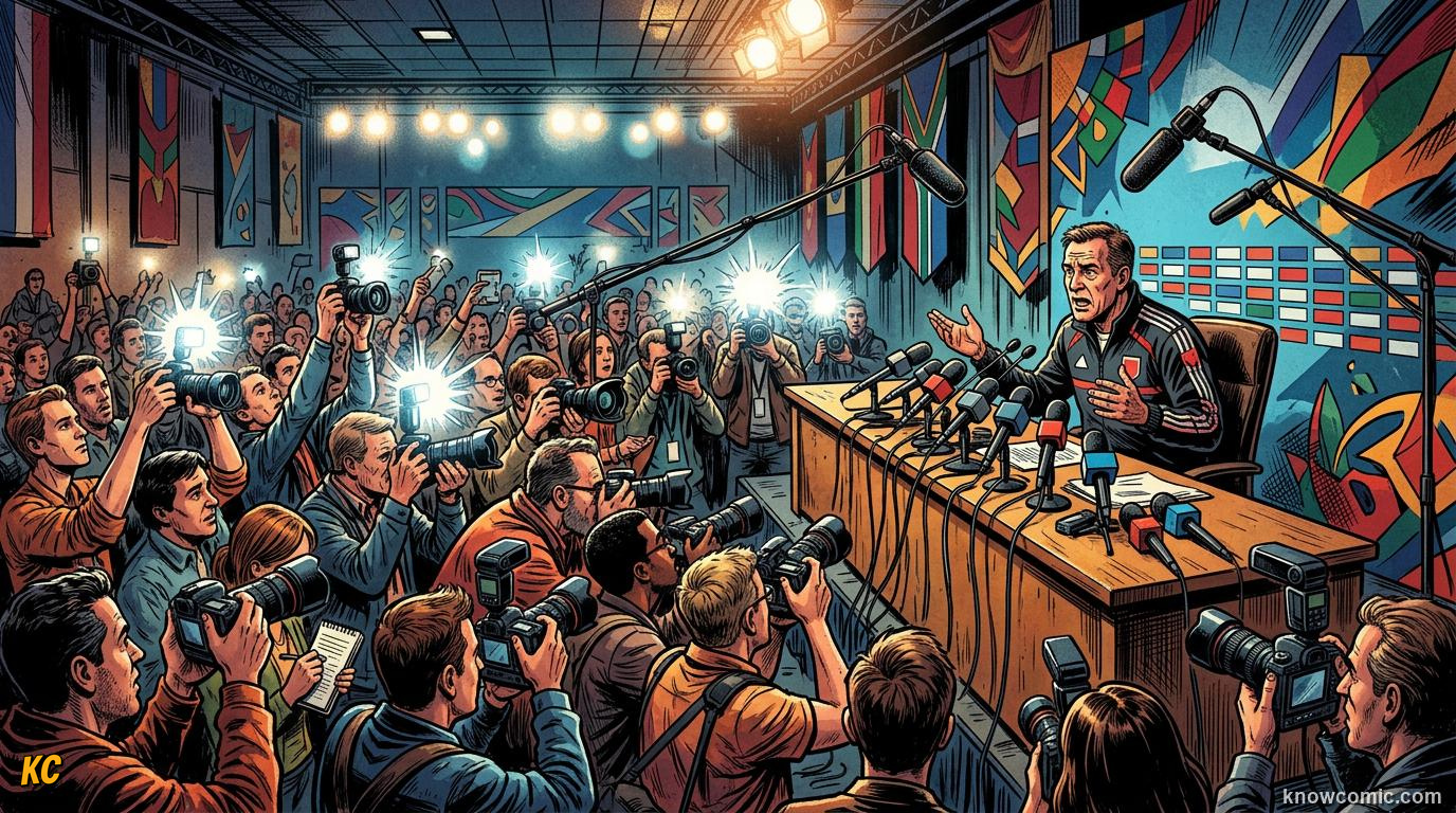 Comic panel titled what is a press conference, labelled under the lights, from the KnowComic World Cup 2026 lesson on press conferences & media
