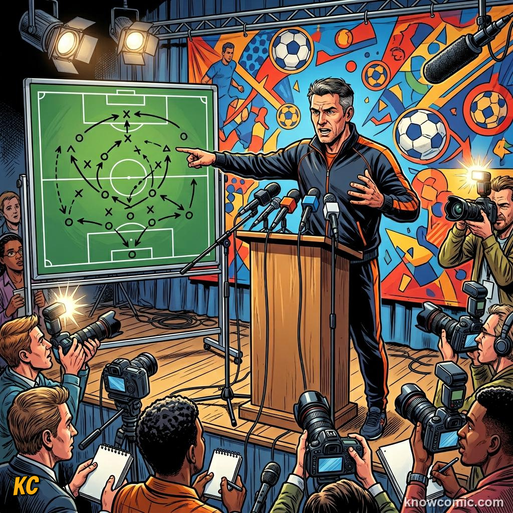 Comic panel titled the day before kickoff, labelled journalists, from the KnowComic World Cup 2026 lesson on press conferences & media