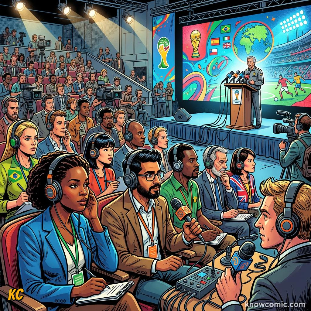 Comic panel titled the day before kickoff, labelled rules, from the KnowComic World Cup 2026 lesson on press conferences & media