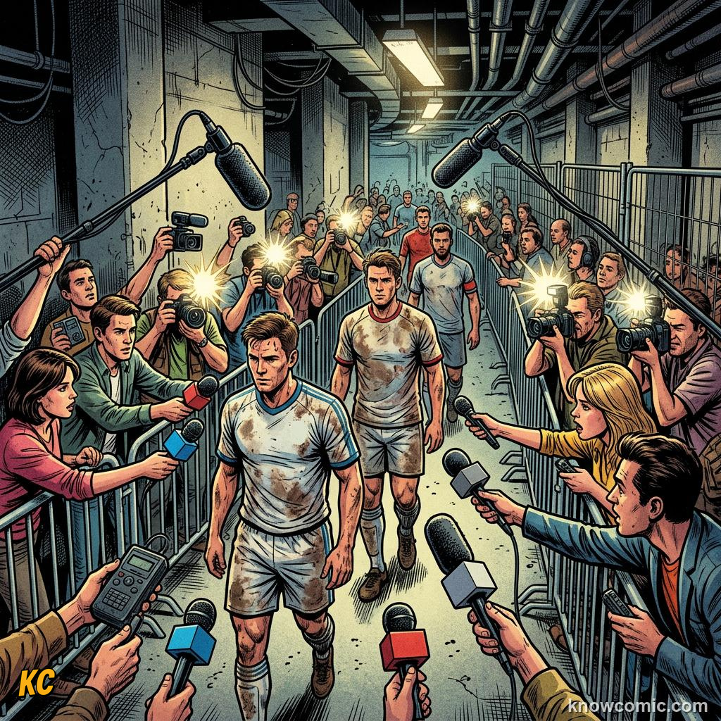 Comic panel titled facing the room after the game, labelled injuries, from the KnowComic World Cup 2026 lesson on press conferences & media