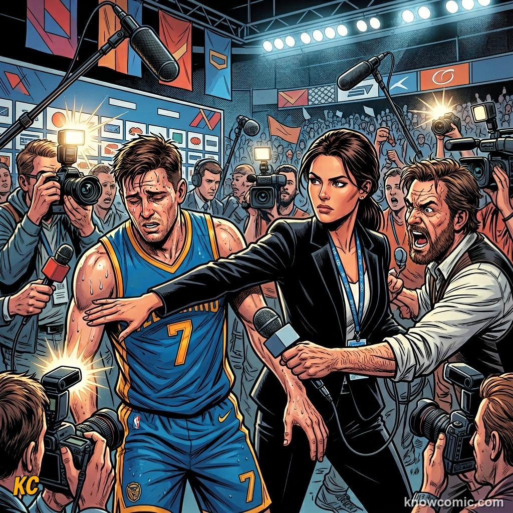 Comic panel titled facing the room after the game, labelled respect, from the KnowComic World Cup 2026 lesson on press conferences & media