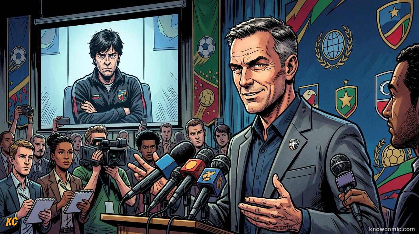 Comic panel titled facing the room after the game, labelled post-match heat, from the KnowComic World Cup 2026 lesson on press conferences & media