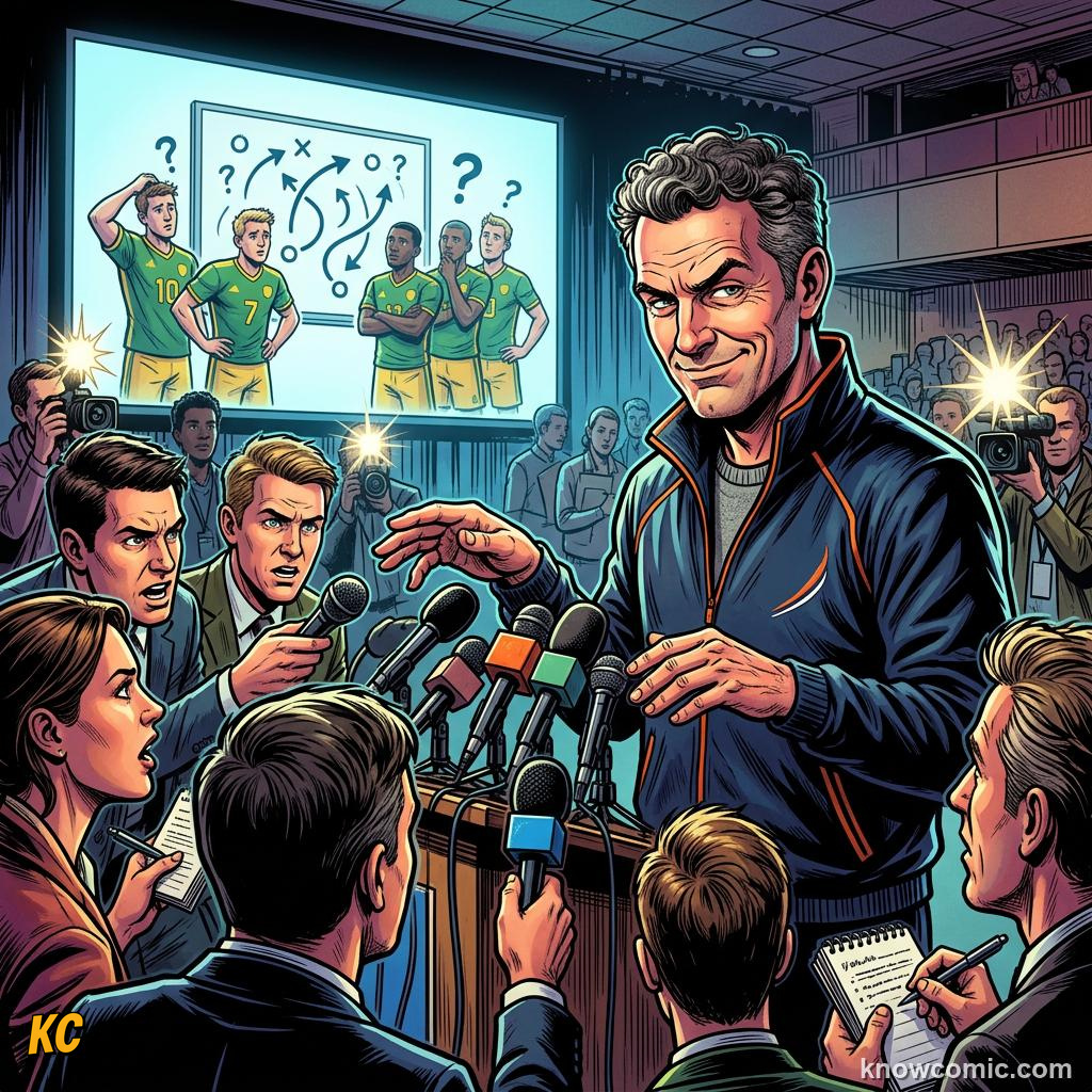 Comic panel titled facing the room after the game, labelled winners, from the KnowComic World Cup 2026 lesson on press conferences & media