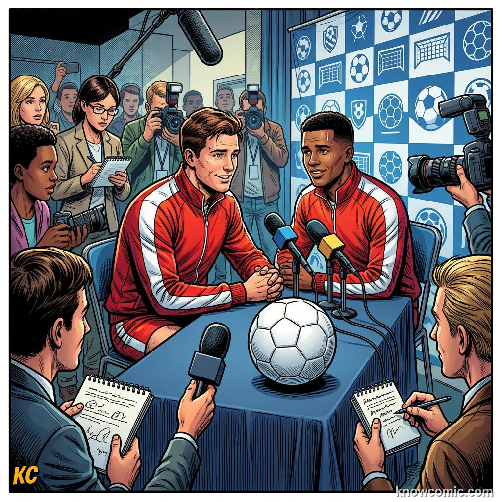 Comic panel titled facing the room after the game, labelled losers, from the KnowComic World Cup 2026 lesson on press conferences & media