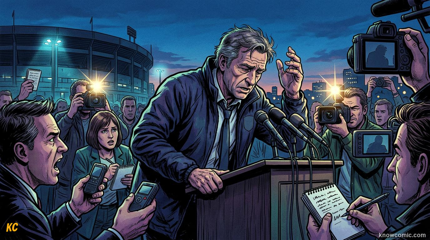 Comic panel titled when coaches play with words, labelled psychological warfare, from the KnowComic World Cup 2026 lesson on press conferences & media
