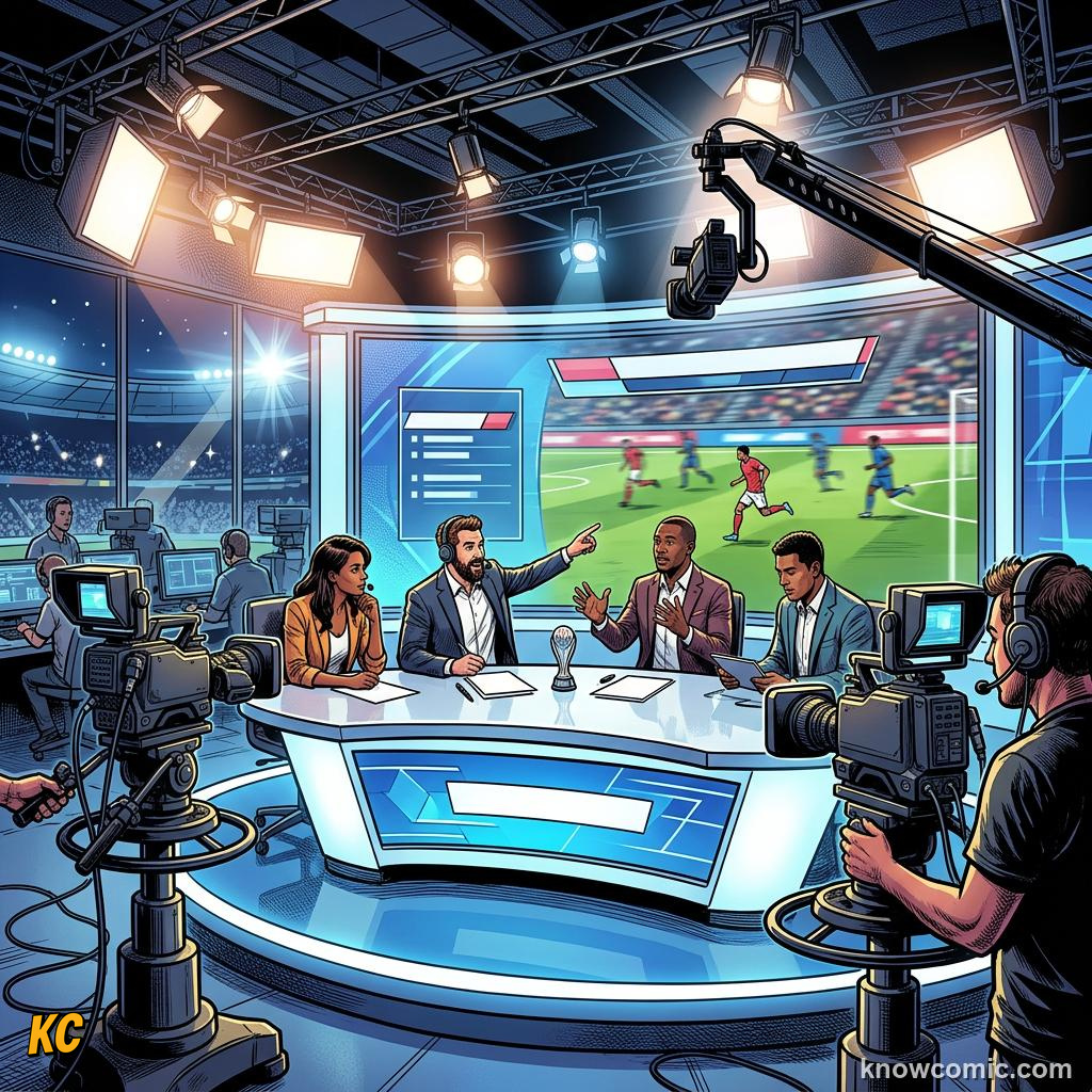 Comic panel titled media as part of the world cup, labelled praise, from the KnowComic World Cup 2026 lesson on press conferences & media