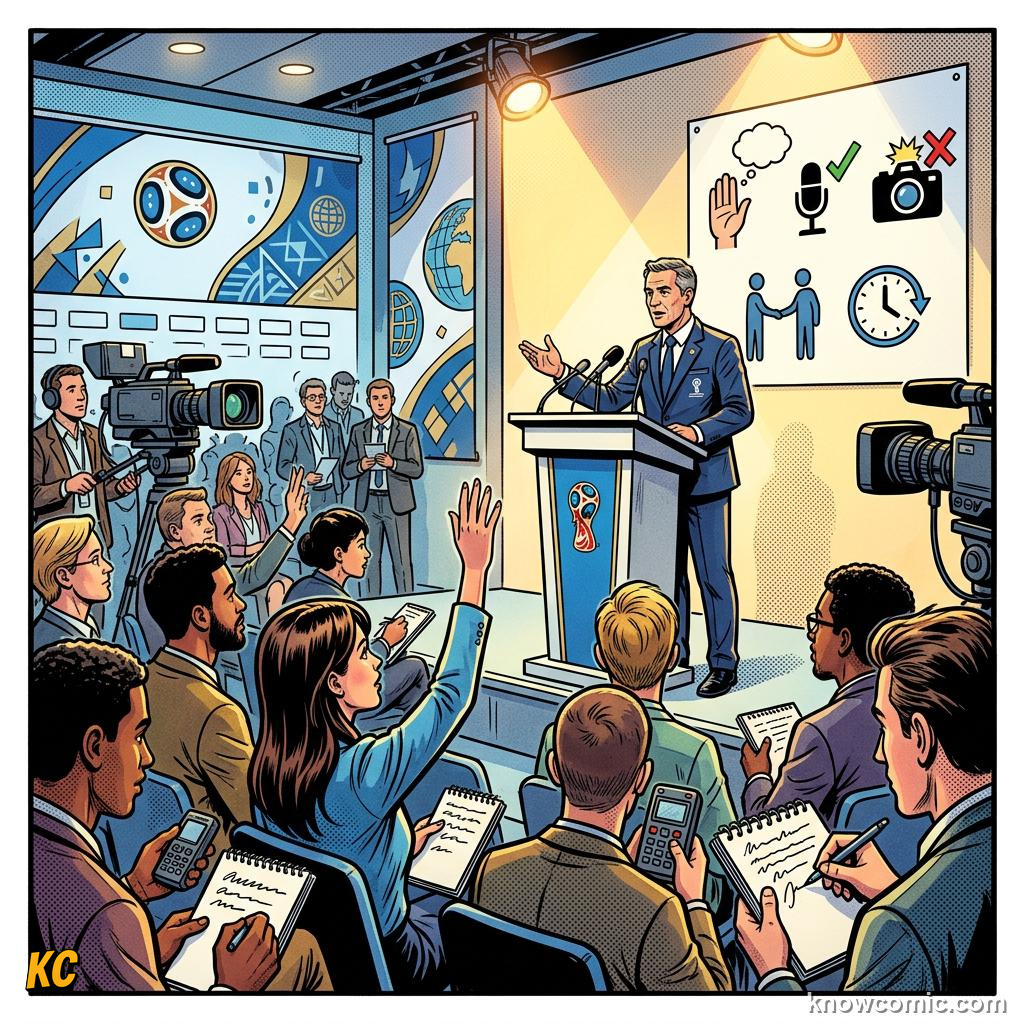 Comic panel titled media as part of the world cup, labelled calm, from the KnowComic World Cup 2026 lesson on press conferences & media