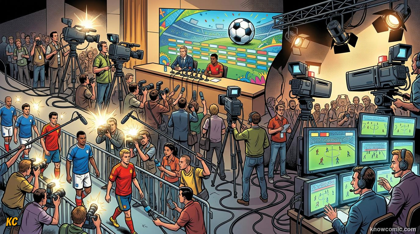 Comic panel titled media as part of the world cup, labelled second pitch, from the KnowComic World Cup 2026 lesson on press conferences & media