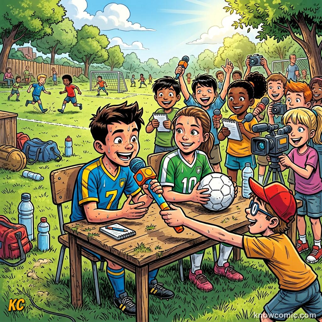 Comic panel labelled training, illustrating press conferences & media in KnowComic's World Cup 2026 series