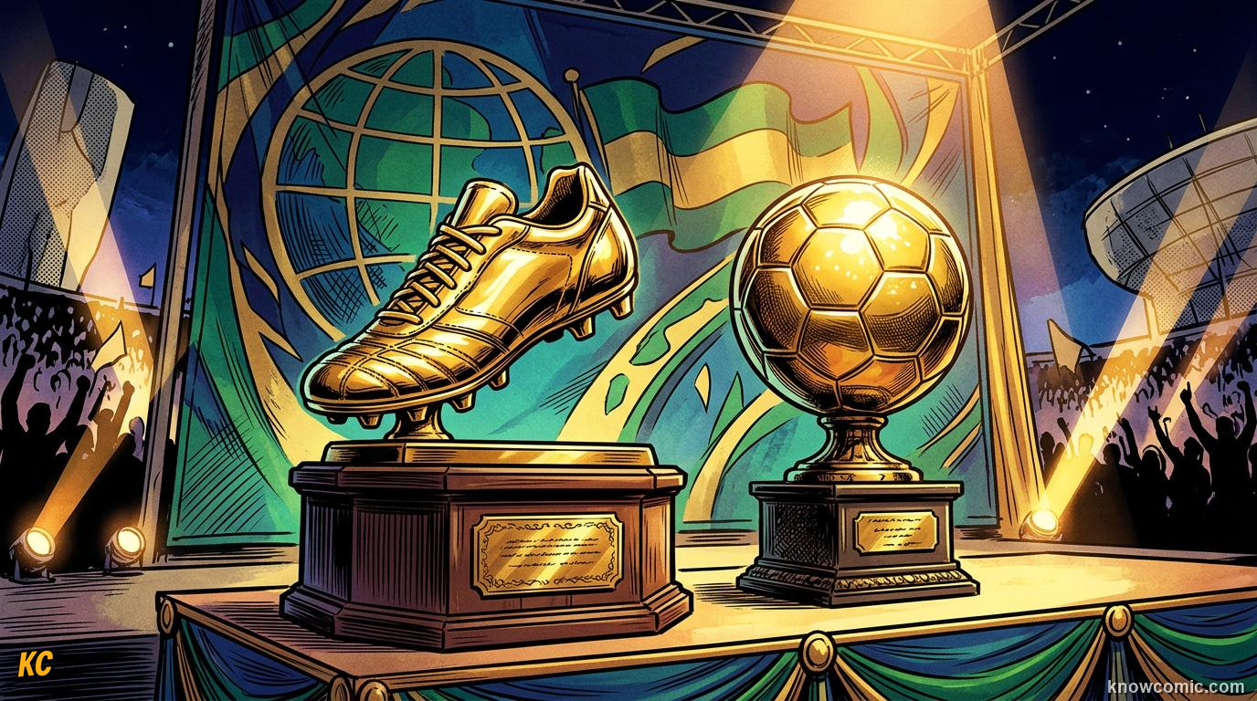 Comic panel titled two prizes every star wants, labelled individual glory, from the KnowComic World Cup 2026 lesson on golden boot & golden ball